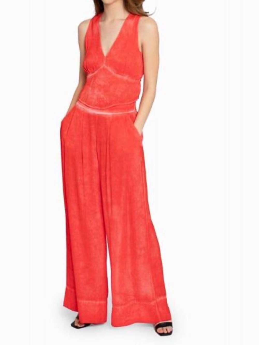 Like new NICOLE MILLER tie dye silk wide leg pant and top in poppy